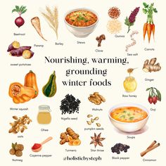 a poster with the words nourishing, warming, grounding and winter foods