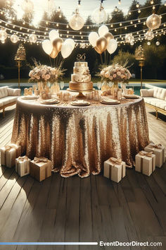 How to Create a Glamorous Outdoor Birthday Setting Using a Sequin Tablecloth New Years Eve Gala Decor, Champagne Party Decor, Event Chairs, Gold And Silver Disco Theme, New Years Eve Venue Decor, Birthday Party Ideas For Women, Gold Themed Birthday Party, Gold Sequin Backdrop, Gold Glamorous Sequin Fabric For Party