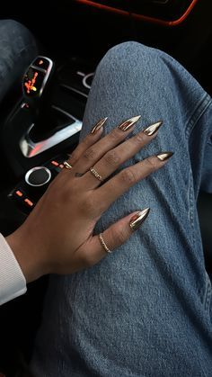 Black Chrome Nails, Gold Chrome Nails, Gold Acrylic Nails, Dark Nails, Prom Nails