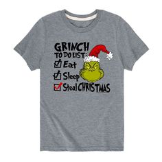 He'll love his look while wearing this boys' The Grinch Who Stole Christmas graphic tee. He'll love his look while wearing this boys' The Grinch Who Stole Christmas graphic tee.  Crewneck Short sleevesFABRIC & CARE Cotton, polyester Machine wash Imported Size: Large. Color: Grey. Gender: male. Age Group: kids. Material: Cotton Blend. Grinch To Do List, Jack Skellington Santa, The Grinch Who Stole Christmas, Dr Seuss Grinch, Grinch Who Stole Christmas, Christmas Graphic, Attitude Of Gratitude, Latest T Shirt, Graphic Apparel