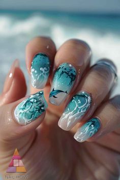 Whales Nails, Lake Nails Designs, Narwhal Nails, Summer 2024 Nails Design, Whale Shark Nails, Shark Week Nails, Water Inspired Nails, Seal Nails, Acrylic Nail Art Designs Summer