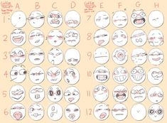 an image of different faces drawn in various styles and colors with numbers on each face