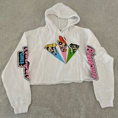 White Cropped Graphic Hoodie (20.5” Chest. 7” Length) Brand New Pop Culture Hooded Cotton Top, Cotton Pop Culture Hooded Top, Playful Streetwear Hoodie, White Hoodie With Character Print, White Character Print Hoodie, Playful White Hoodie Top, White Hoodie Top, Aesthetic Powerpuff, Cartoon Network Powerpuff Girls