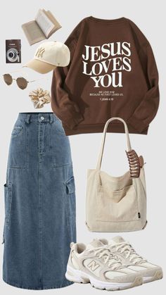 #brown #brownaesthetic #modestfashion #skirt #schoolfit #style #fashion #sweatshirt #casual #christiangirl #neutral #longjeanskirt #jesuslovesyou #outfitinspo #ootd Christian Girl Outfits, Modest Girly Outfits, Pentecostal Outfits, Girly Style Outfits, Pentecostal Fashion, Modest Casual Outfits, Modest Dresses Casual