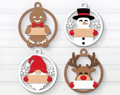 three christmas ornament cutouts with reindeer, snowman and santa clause on them