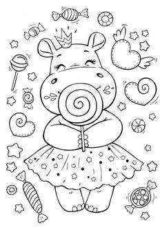 a coloring page with an image of a pig wearing a dress and holding a lollipop