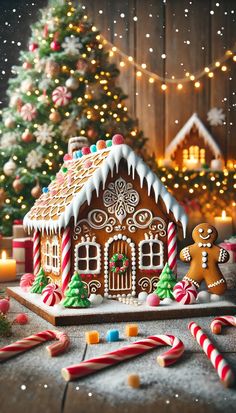 a gingerbread house is decorated with candy canes and candies in front of a christmas tree