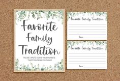 two cards with the words favorite family tradition written on them, next to a cork board