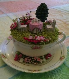 there is a teacup with moss growing on it and two small houses in the middle