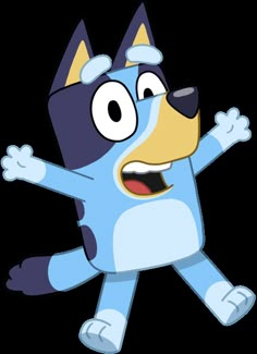 a cartoon blue dog with his arms out