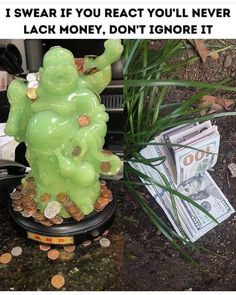 a green statue sitting on top of a pile of money next to a potted plant