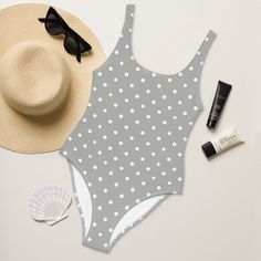 Women's Minimalist Light Grey Polka Dot One Piece Swimsuit - Stylish Swimwear Casual Polka Dot Swimwear For Summer, Gray Sleeveless Swimwear For Summer, Sleeveless Gray Swimwear For Summer, Gray Casual Summer Bodysuit, Casual Polka Dot Swimwear For Spring, Fitted Gray Summer Swimwear, Fitted Gray Swimwear For Summer, Casual Gray Summer Bodysuit, Fitted Gray Summer Bodysuit