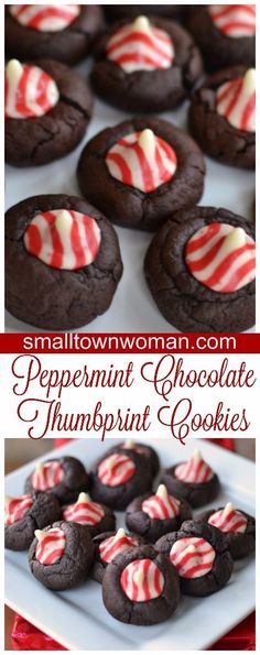 peppermint chocolate thumbnut cookies on a white plate