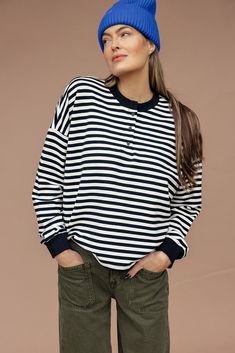 Jaelyn Henley Striped Pullover – ROOLEE Look Put Together, Striped Pullover, Platform Clogs, Wool Beanie, Those Days, Drop Shoulder, To Look, Layering, That Look