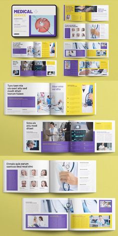 the medical brochure is displayed in purple and yellow