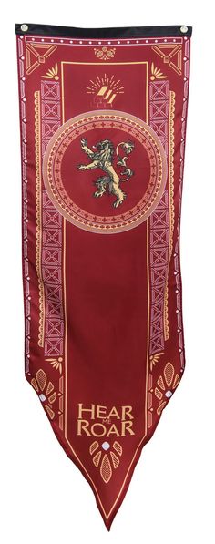 a red and gold banner with a lion on it's side, that says hear roar