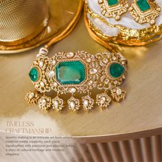 Indulge in luxury, embrace elegance and experience the allure of Kanwal Set - where every piece tells a story of timeless beauty and unparalleled craftsmanship! Dazzle and delight with every step wearing our breathtaking jewelry set featuring a mesmerizing combination of CZ stones with its unparalleled brilliance, polished emeralds evoking the lush beauty of a verdant paradise, and exquisite jadau kundan stones. The set includes a choker and a pair of beautiful earrings. Approximate length of th Heritage Jewellery, Waist Chain, Faux Stone, Head Accessories, Cz Stone, Base Metal, Men's Collection, Diamond Pendant, Timeless Beauty