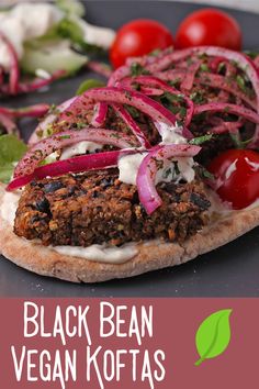 Vegan kofta with black beans on pita bread with red onions, aioli, tomatoes, and lettuce. Vegan Kofta, Aioli Recipes, Sumac Onions, Kofta Recipe, Quick Pickled Onions, Aioli Recipe, Quick Pickled, Vegan Black Bean