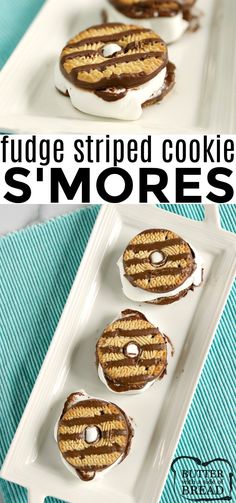 three cookies with marshmallows on them and the words fudge striped cookie s'mores