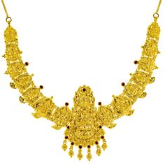 Delight in the timeless elegance of this 22k yellow gold Laxmi necklace by Virani Jewelers. Showcasing the opulence of Indian temple jewelry, this meticulously crafted 22k gold necklace combines traditional design with a cultural beauty. Perfect for adding a touch of luxury to any bridal or festive look, this gold temple necklace set is an essential piece of Indian gold jewelry for those who value exquisite craftsmanship and the radiant beauty of 22k gold. Features • 22k yellow gold • Ruby • Eng Yellow Gold Kundan Necklace For Diwali, Gold Plated Yellow Gold Kundan Necklace For Puja, Gold Plated Yellow Gold Temple Necklace With Tilla, Yellow Gold Temple Necklace With Tilla, Gold Plated, Gold Plated Temple Necklace With Tilla, Hallmarked Gold Plated Temple Necklace For Diwali, Yellow Gold Temple Necklace With Tilla Detailing, 22k Gold Tilla Jewelry For Puja, Festive Hallmarked Kundan Necklace In Yellow Gold