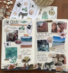 an open scrapbook with pictures and other things on it, including seashells