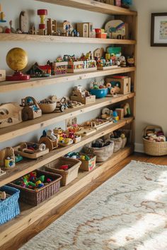 shelves filled with toys and other items in a child's playroom or bedroom