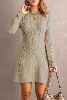 Beige Ribbed Waistband Knit Cable Pattern Sweater Dress Knit Cable Pattern, Casual Chic Minimalist, Cable Knitting Patterns, Sweater Dress Casual, Mini Sweater, Cable Pattern, Picture Style, Minimalist Dresses, High Waist Dress