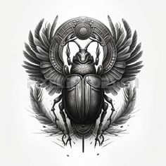 a black and white drawing of a beetle with wings on it's back, surrounded by feathers