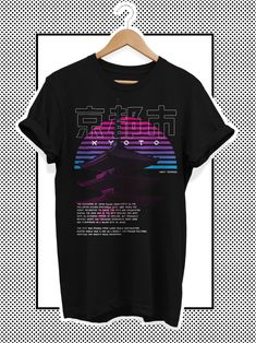 This listing is for a Japanese unisex vaporwave streetwear t-shirt with Japanese style elements, designed for fans of Japanese retro vaporwave and Harajuku clothing. The product is available in black. The T-shirt has an illustrated graphic on the chest. It is made of 100% cotton and is shrunk before. This unique design has been illustrated with effort and love, and printed on the T-shirt. The motif Retro futuristically inspires and shows a temple in Kyoto in Vaporwave aesthetics with Japanese ka 90s Inspired Sublimation Print T-shirt For Streetwear, 90s Inspired Black Graphic T-shirt, 90s Inspired Black T-shirt With Graphic Print, 90s Inspired Black Graphic Print T-shirt, Harajuku Style Text Print T-shirt For Streetwear, 90s Inspired Streetwear T-shirt With Screen Print, Rave Graphic Print Crew Neck T-shirt, 90s Inspired T-shirt With Sublimation Print For Streetwear, Rave T-shirt With Sublimation Print For Streetwear