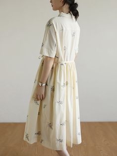 Material: 100% Tencel Collar: Turn-down Collar Pattern: Flower Sleeve Type: Regular Sleeve Sleeve Length: Short Sleeve Length: Calf-Length Highlight: Drawstring, Pleated, Button Season: Summer Flower Sleeve, Pattern Flower, Collar Pattern, Flower Embroidery, Summer Heat, Polo Collar, Collar Dress, Embroidery Flowers, Pleated Dress