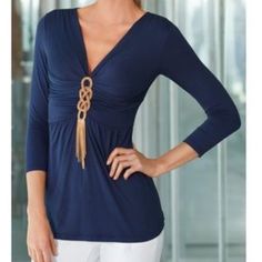 Golden Rope And Chain Hardware Detail, Gathered Empire Bust And Flattering Babydoll Bodice. Three-Quarter Sleeves. Rayon/Spandex. Imported. Dry Clean. Sensuously Sizes S,M, L, Xl Navy. Empire Cut Tops, Boston Proper, Work Looks, Blue Gold, Chic Outfits, Casual Style, Bodice, Boston, Tunic Tops