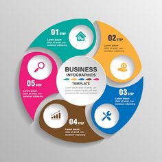 business info graphic design template with four options in the center and arrows pointing up to each other