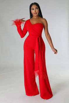 Take your evening look to the next level with this luxurious stretch jumpsuit. Boasting an elegant one-shoulder design featuring a long sleeve, this jumpsuit is beautifully embellished with faux feathers for a touch of opulence. The self-tie waist and wide legs will flatter your figure, whilst the zipper closure ensures an easy-on fit. Style this chic jumpsuit with delicate accessories and stilettos for a truly head-turning ensemble. Stretch jumpsuit One shoulder Long sleeve Faux feathers Self-t Tassel Jumpsuit, Stretch Jumpsuit, Off Shoulder Jumpsuit, Fall Fit, Jumpsuit Elegant, Jumpsuit With Sleeves, Ankle Length Pants, Jumpsuit Fashion, Type Of Pants