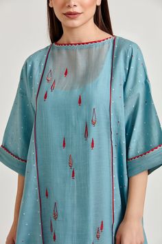 Buy Blue 100% Cotton Embroidered Thread Boat Kurta And Pant Set For Women by Vamil by Tina & Sonali Online at Aza Fashions. Kurtis Traditional, Chanderi Dress, Blue Embroidered Dress, Embroidery Kurti, Kurti Sleeves Design, Simple Kurti Designs, Embroidery On Kurtis