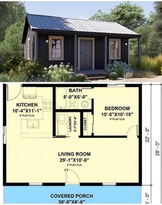 the floor plan for a small cabin with two bedroom and living room on each side