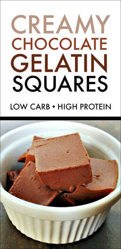 creamy chocolate gelatin squares in a bowl with text overlay that reads low carb high protein