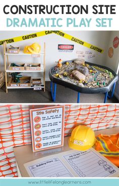 construction site dramatic play set for kids to build with construction equipment and construction signs on the wall