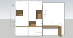 a drawing of an office desk with cabinets and shelves on it, along with measurements