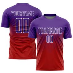 a purple and red soccer jersey with the number 00 on it, in front of a white