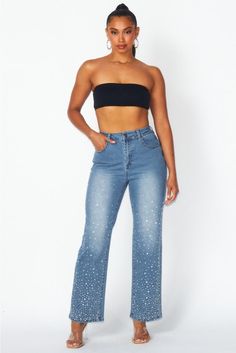 Get ready to elevate your denim game with our High Rise Rhinestone Denim Jean Pants! These pants feature a high rise silhouette and glamorous rhinestone detailing for a touch of sparkle. Perfect for adding some fun to your everyday look, these jeans are sure to become your new fashion go-to. (Just remember to accessorize with some sass!) Light wash denim High waisted Zipper/button closure Rhinestone detail Straight leg Embellished Straight Leg Denim Pants, Glamorous Straight Leg Denim Bottoms, Crystal Embellished Denim Jeans, Glamorous Rhinestone Bottoms, Wide Leg Rhinestone Bottoms For Night Out, Trendy High-waisted Embellished Jeans, Embellished Straight Leg Bottoms For Night Out, Wide Leg Party Bottoms With Rhinestones, Glamorous High Rise Bottoms For Night Out