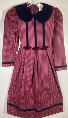 "Adorable winter weight dress  / labeled sz 10 girls / measures pit to pit 14 1/2\"/ elastic back waist 12 1/2\"-14\"comfortably / pit to wrist 13\" / length (shoulder to bottom) 37\"/ slightly puff sleeves & velvet sleeve,front floral & collar trim / Smoke free environment - No issues (33)" Cute Winter Dress For School, Long Sleeve Winter School Dress, Fitted Gingham Dresses For Fall, Fitted Plaid Dress For Fall In Preppy Style, Fitted Plaid Dress For School, Preppy Fitted Dress For Fall, Preppy Long Sleeve Dresses For Fall, Fitted Plaid Preppy Dress For Fall, Fall Fitted Gingham Dresses