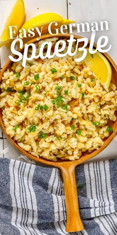 an easy german speezle recipe in a wooden bowl with lemons and parsley