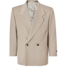 Fear of God designs its 'Eternal' collection with a focus on timeless silhouettes. In a cropped, boxy cut, this double-breasted suit jacket is tailored from English Cavalry wool-twill and detailed with a signature logo patch on the sleeve. Tailored Double-breasted Beige Suits, Tailored Beige Double-breasted Outerwear, Double-breasted Cream Wool Outerwear, Luxury Gabardine Double-breasted Outerwear, Beige Gabardine Double-breasted Outerwear, Suit Jacket For Men, Timeless Silhouettes, Italian Luxury Brands, Fear Of God