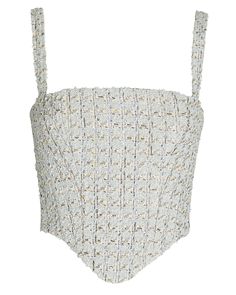 A luxe update to corsetry the L.A. label tailors its bustier top from a delightful bouclé-tweed for a cool party-ready finish. Add a touch of sparkle with dazzling drop earrings.   Fabric: 42% cotton, 29% polyamide, 12% wool, 8% acrylic, 7% viscose, 2% polyester.  Lining: 100% viscose.   Concealed back zip closure.   Dry clean.   Imported.       Length from shoulder to hem: 18".   Model is wearing size FR 36.  Model height 5'10", bust 33", waist 24.5”, hips 34.5”.      Item is listed in French s Collarless Denim Jacket, Earrings Fabric, Denim Corset Top, Tweed Top, Strappy Leather Sandals, Heart Pocket, Faith Connexion, Denim Corset, High Leather Boots