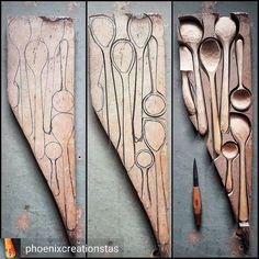 three wooden spoons are lined up next to each other with different shapes and sizes