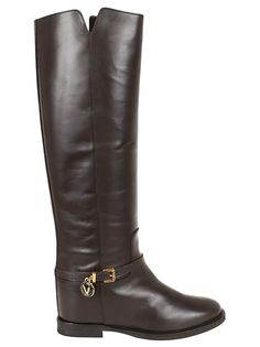 Knee-high boot in smooth leather, characterized by side V in gold-colored metal and suede details, Leather lining and inner sole Leather sole with non-slip rubber 5 cm internal wedge Made in Italy Luxury Calf Leather Knee-high Boots With Leather Lining, Brown Knee-high Boots With Round Toe And Leather Sole, Leather Knee-high Boots With Rivets And Round Toe, Luxury Brown Calf Leather Knee-high Boots, Brown Knee-high Moto Boots Medium Width, Metal Detail, Knee High Leather Boots, Prada Leather, Sneaker Wedge