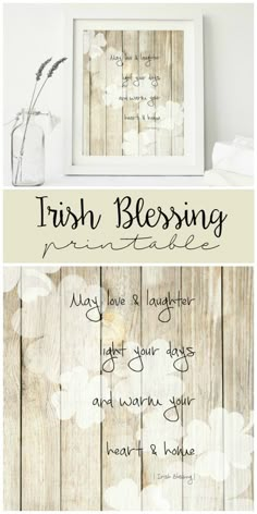 a wooden wall with the words irish blessing written on it and an image of a flower in