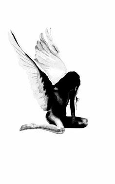 a black and white photo of a woman with wings on her back, kneeling down