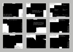 six different black and white squares with text