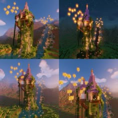 three different views of a castle in the sky